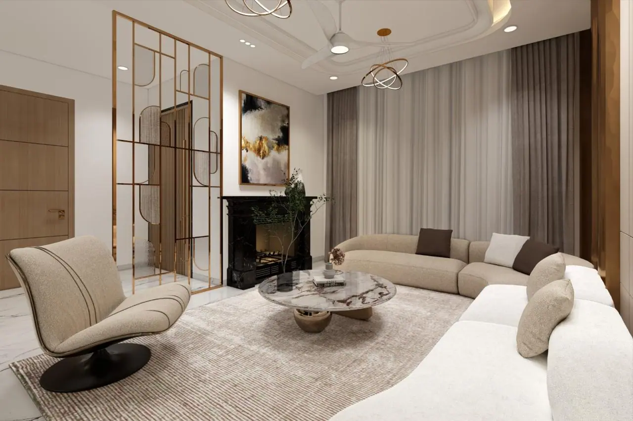 Design render of a living room: a curved sofa, a lounge chair, a brass screen and a fireplace.